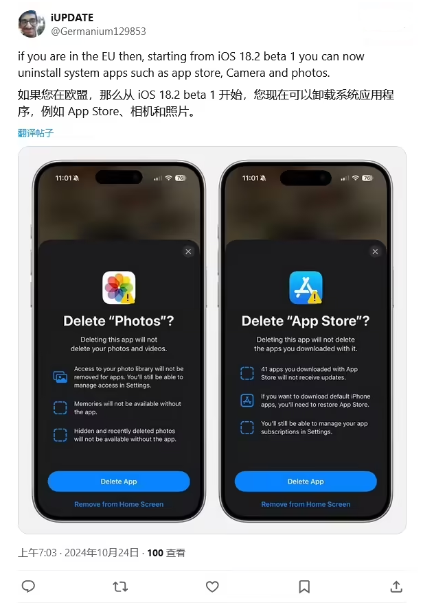 浔阳苹果手机维修分享iOS 18.2 支持删除 App Store 应用商店 