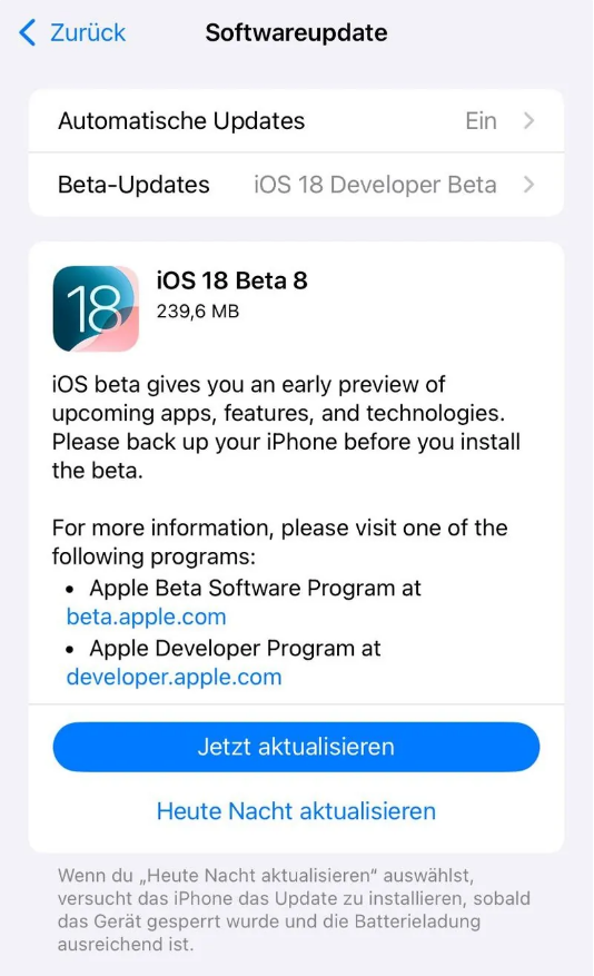 浔阳苹果手机维修分享苹果 iOS / iPadOS 18 开发者预览版 Beta 8 发布 